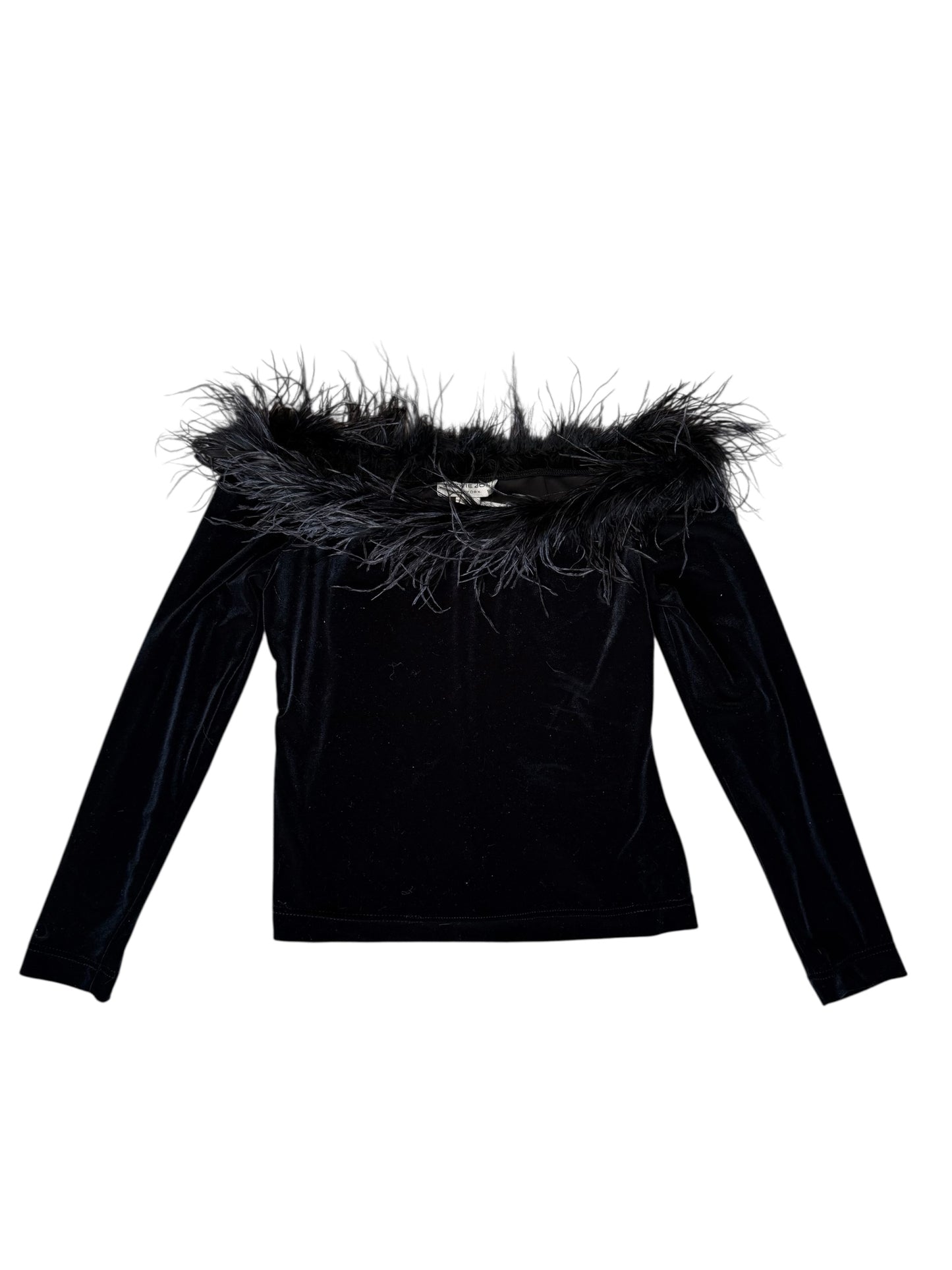 Jackie Jon Velour Off Shoulder Top With Feather Trim