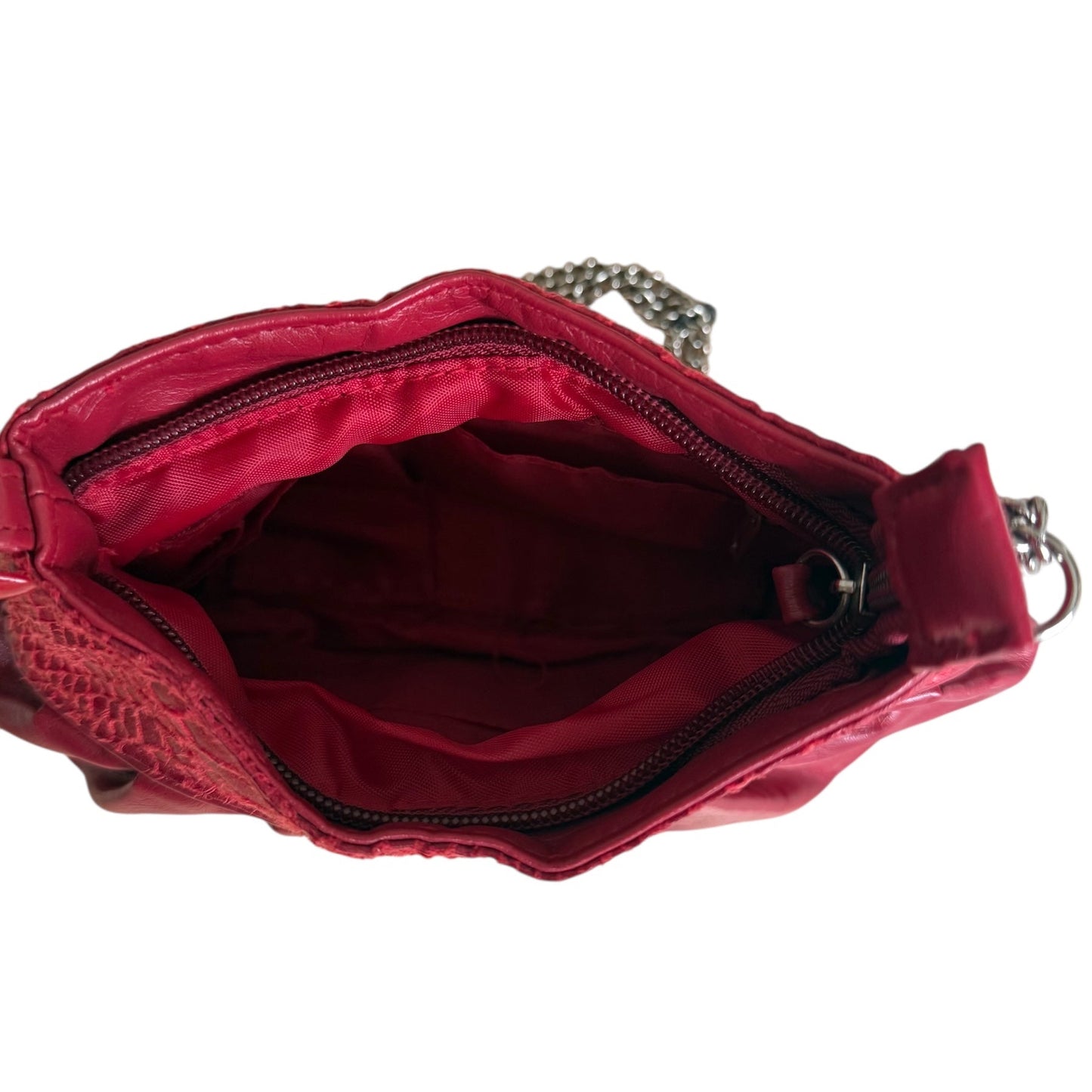 Red Pleated Leather Purse With Silver Chain & Snakeskin Detail
