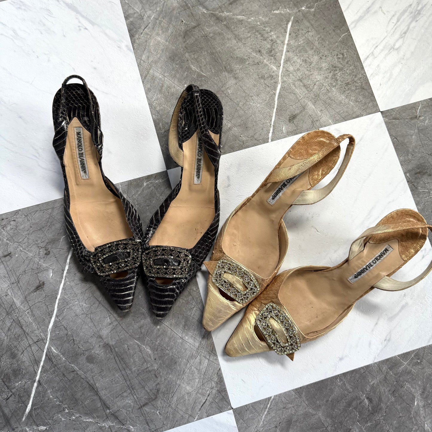 Manolo Blahnik Gunmetal Black Alligator Kitten Heels (10)
