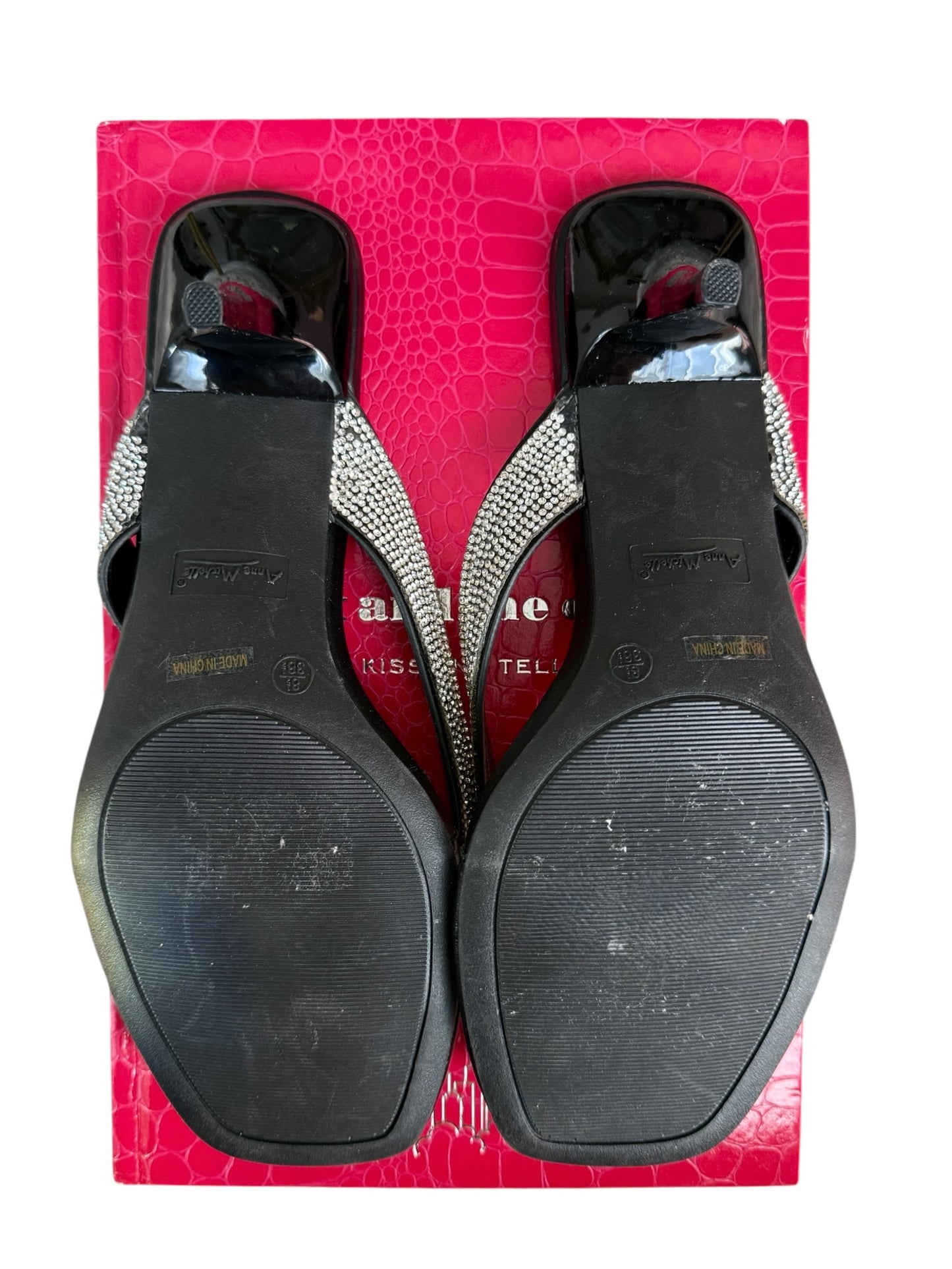 Anne Michelle Black Thong Kitten Heels With Rhinestones