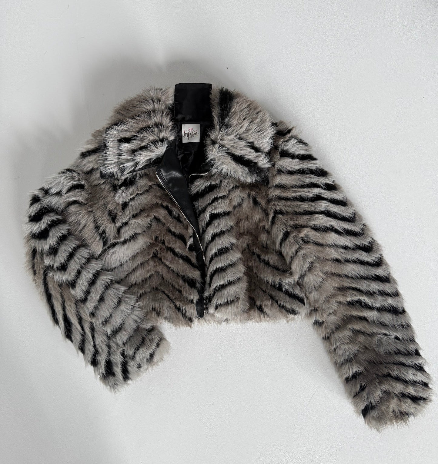 Black & Grey Faux Fur Cropped Zipped Jacket