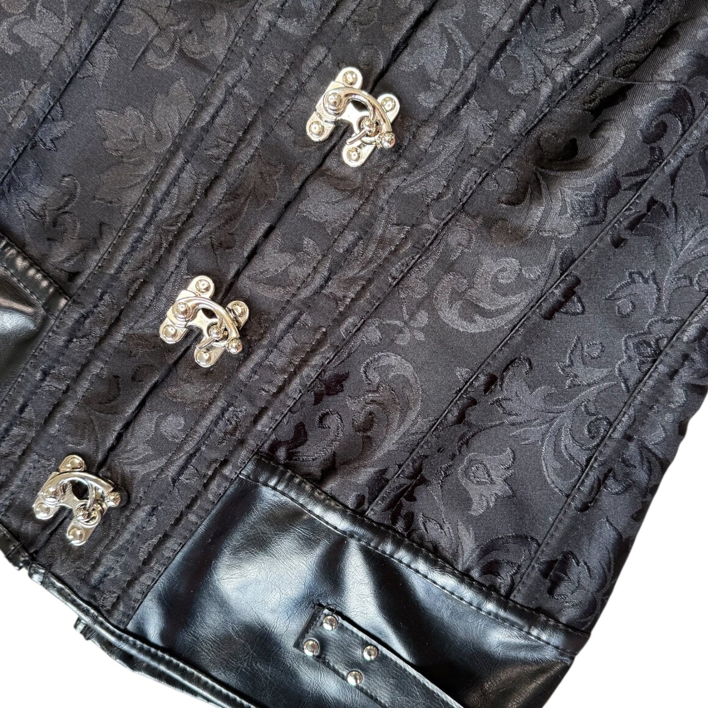 Black Corset Top With Leather Trim And Silver Hardware (S)