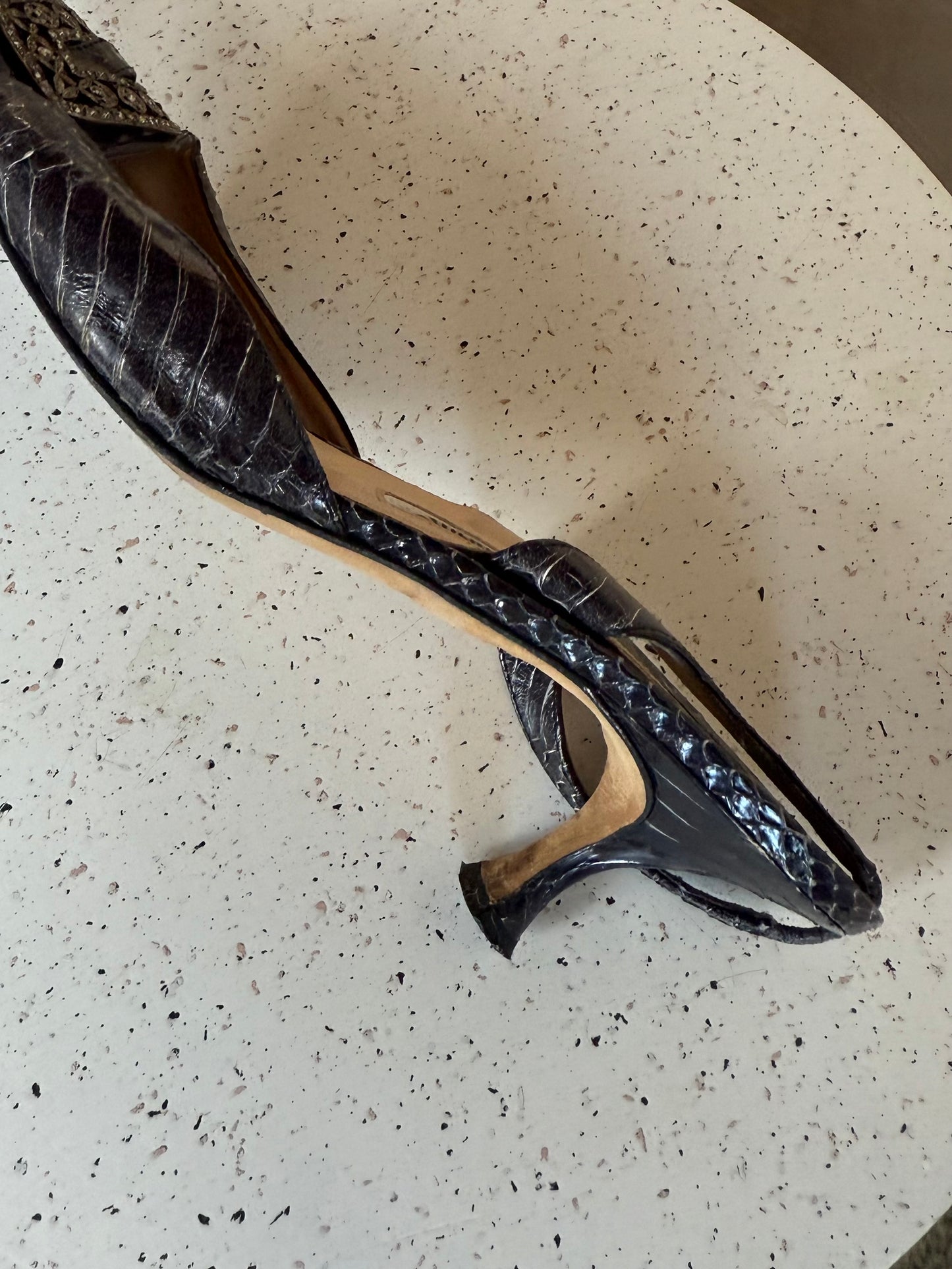 Manolo Blahnik Gunmetal Black Alligator Kitten Heels
