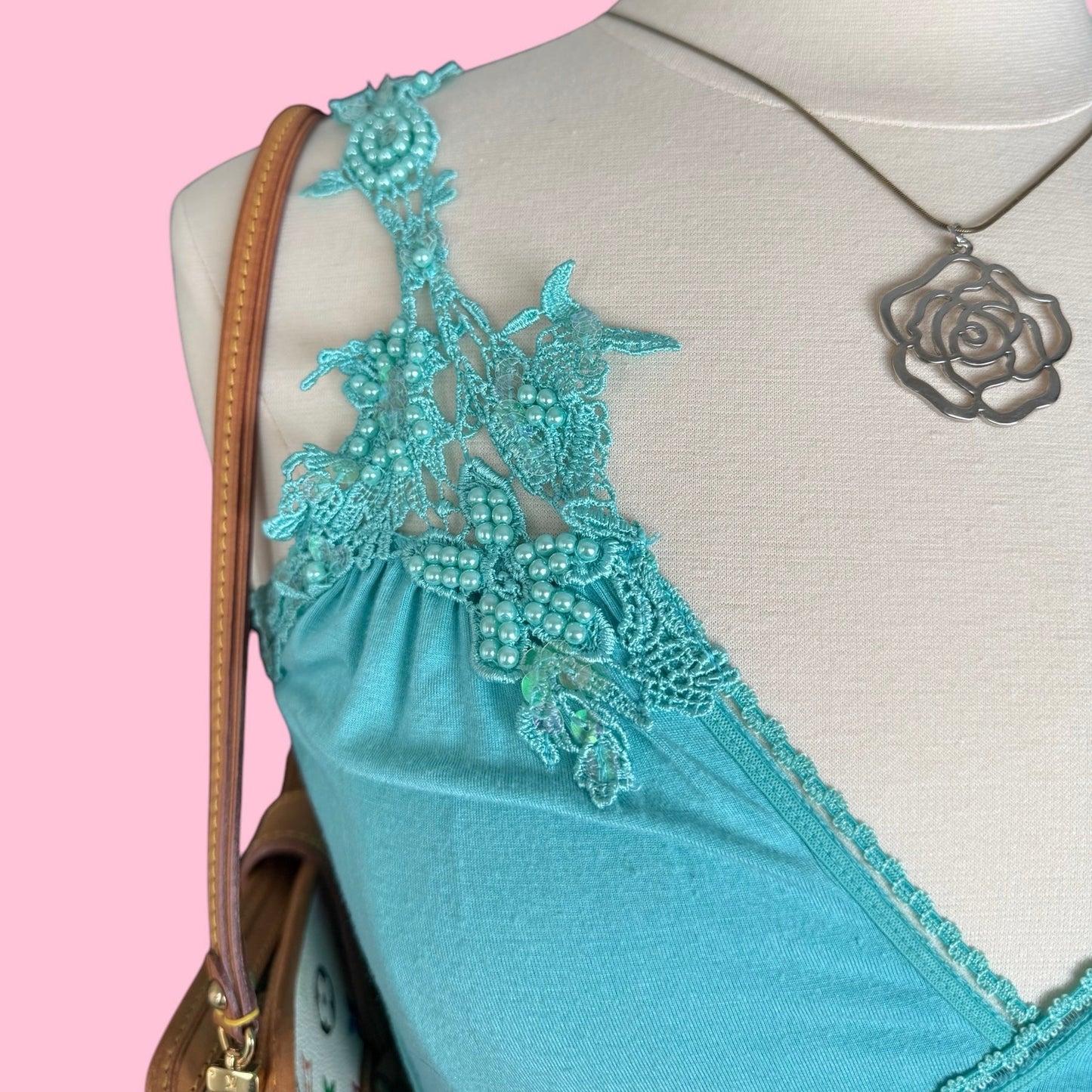 Bisou Bisou Soft Aqua Beaded Lace Trim Tank (XS)