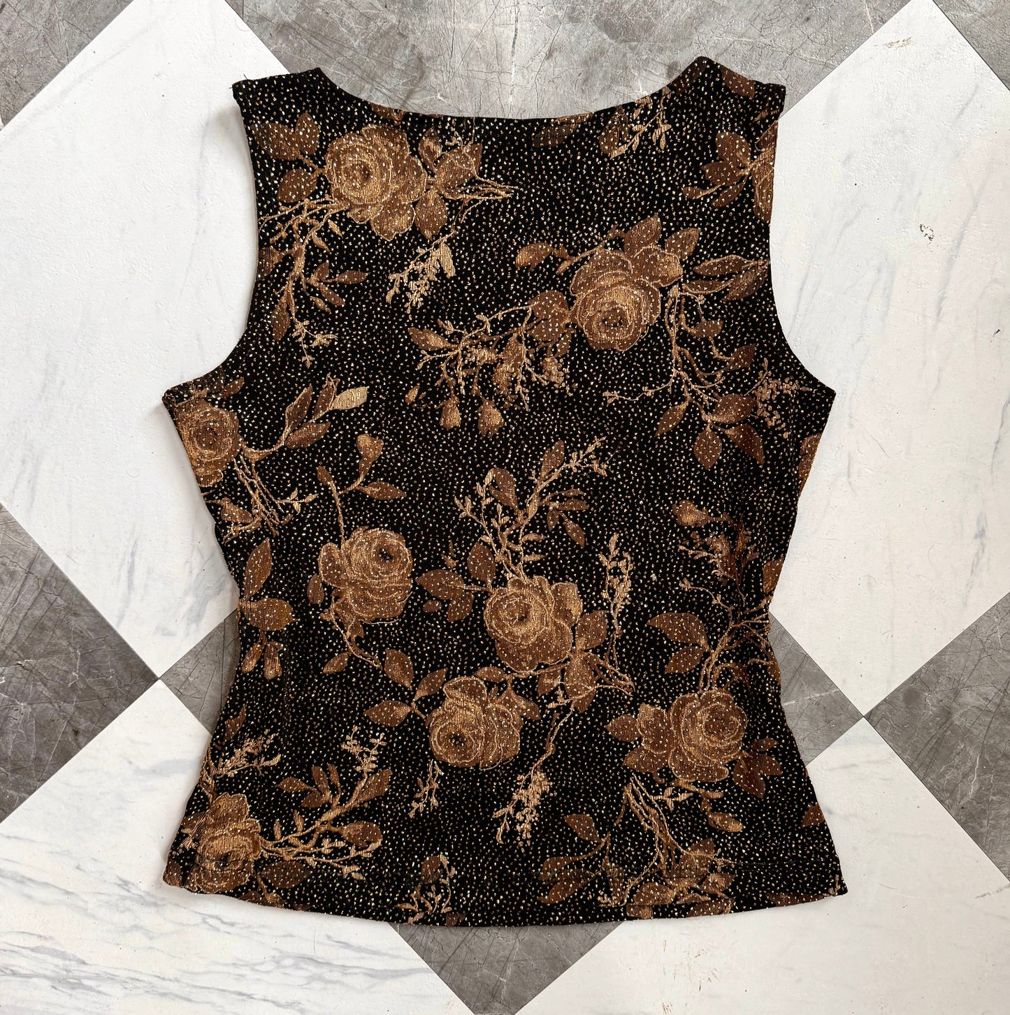Black & Gold Floral Rhinestone Burnout Top (M)