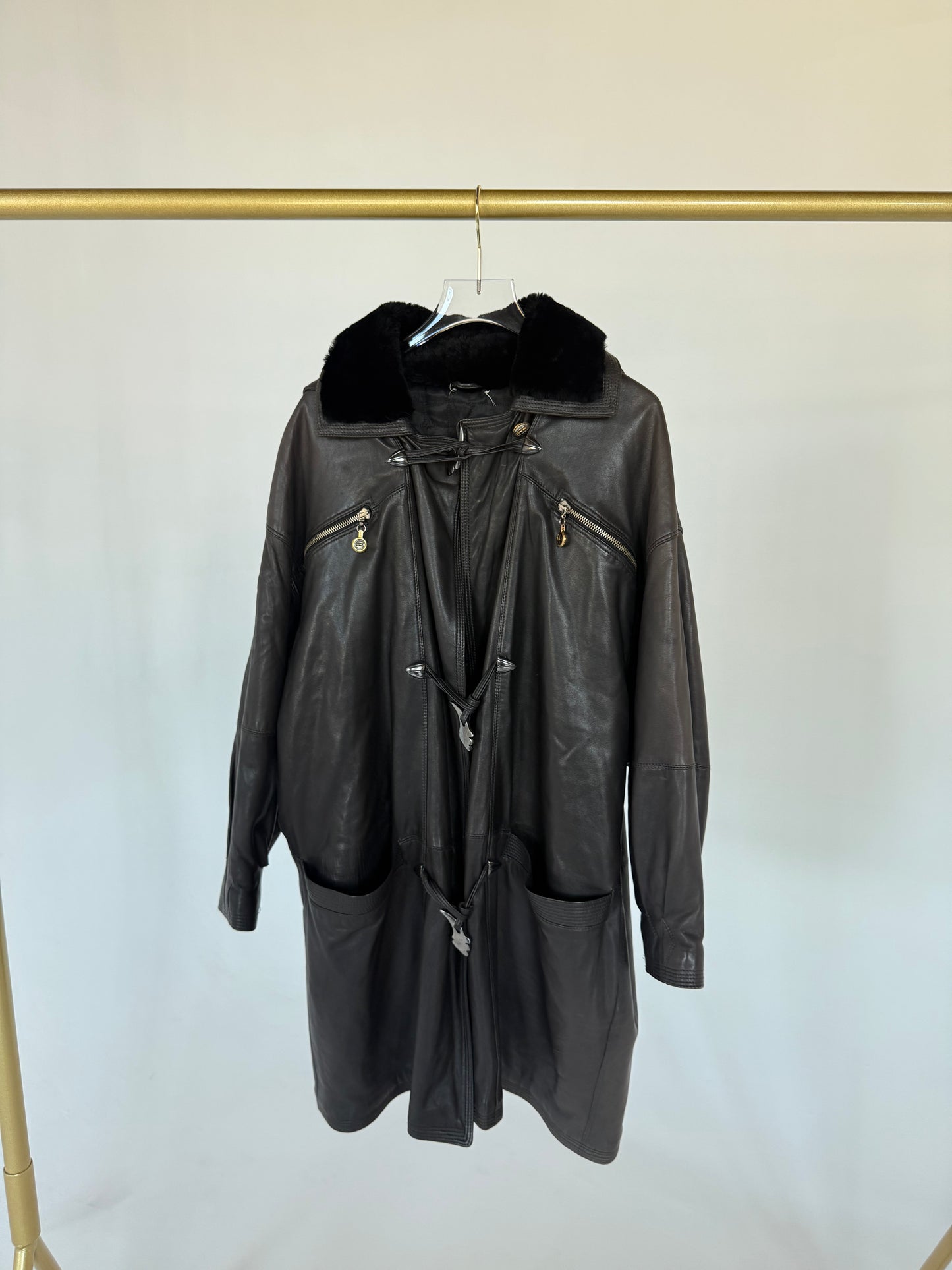 Versace Leather Coat With Fur Hood