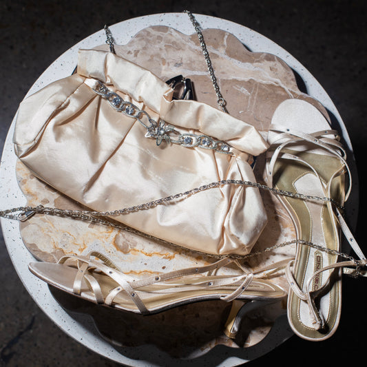 Champagne Satin Evening Bag With Silver Detailing
