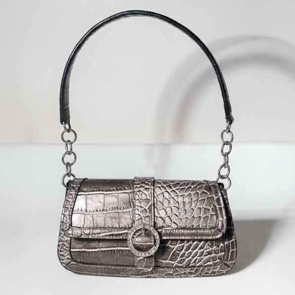 Metallic Croc-Embossed Shoulder Bag