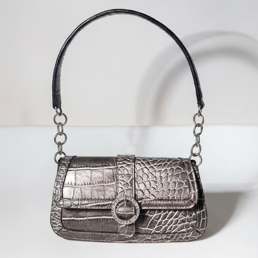 Metallic Croc-Embossed Shoulder Bag