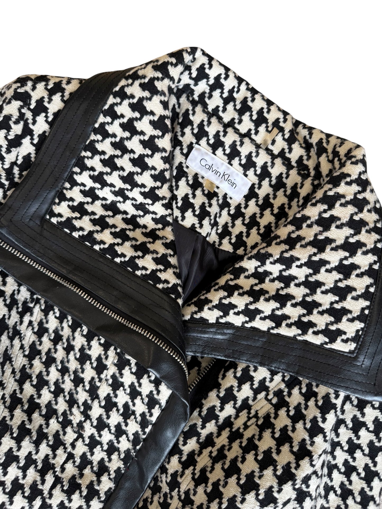 Calvin Klein Houndstooth Trench Coat With Leather Trim