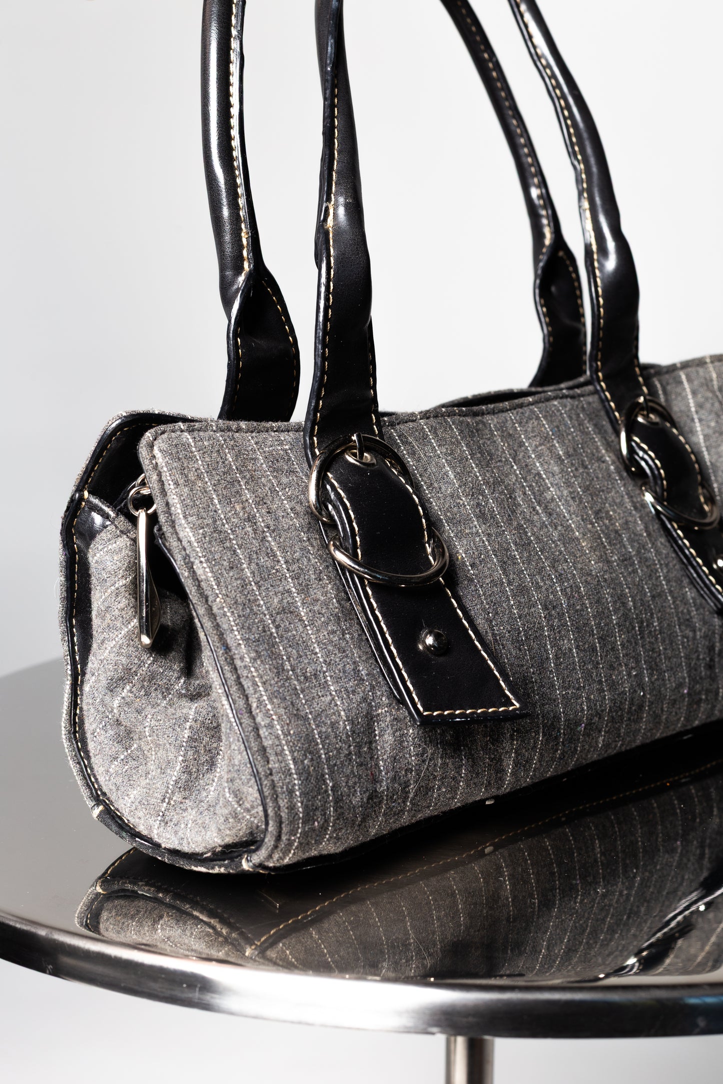 Grey Pinstripe Purse With Silver Details