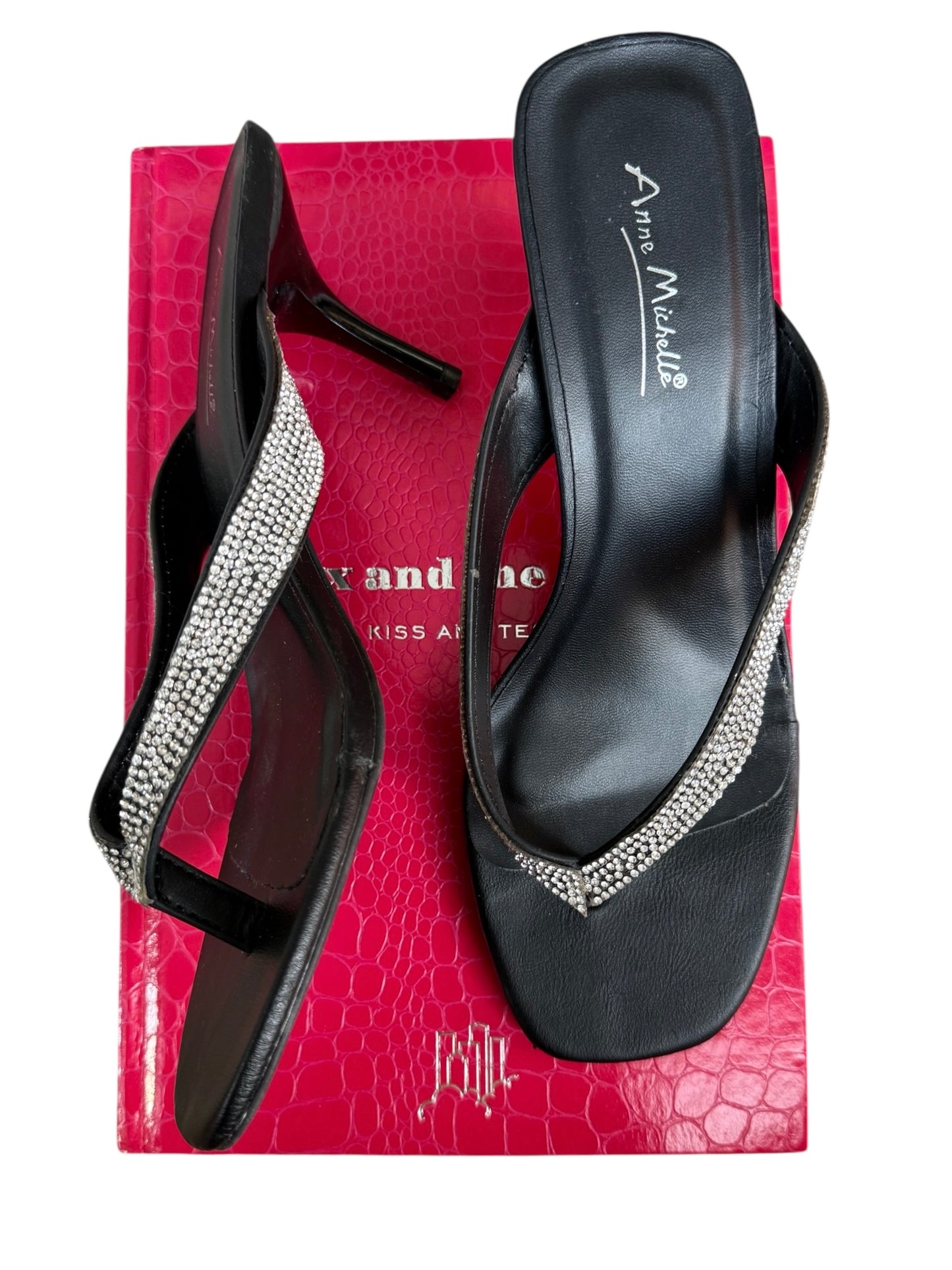 Anne Michelle Black Thong Kitten Heels With Rhinestones