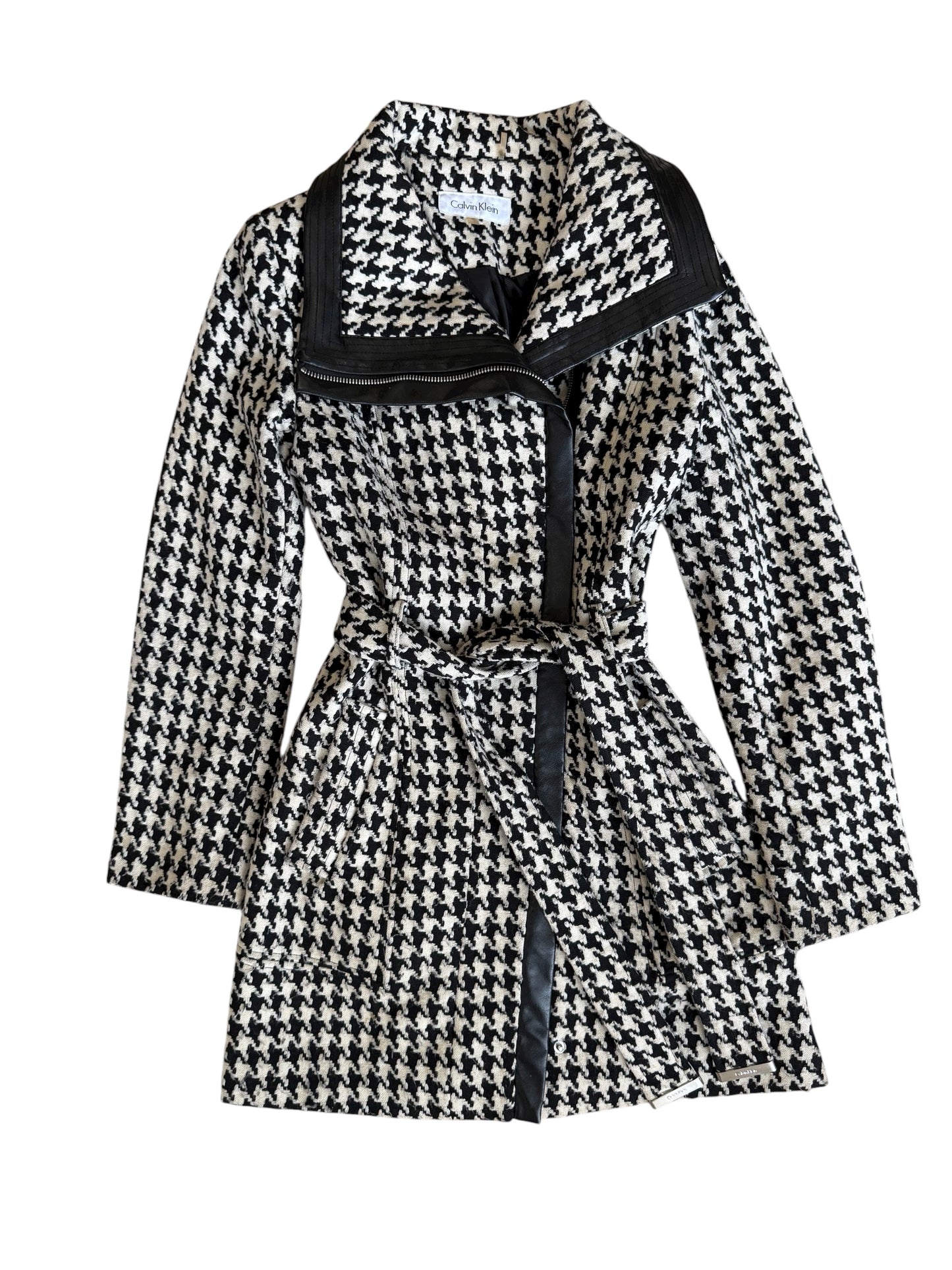 Calvin Klein Houndstooth Trench Coat With Leather Trim