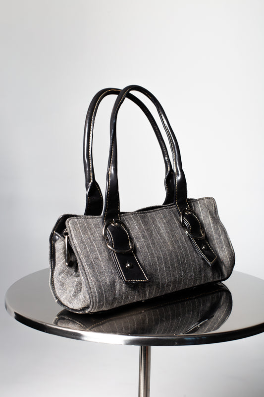 Grey Pinstripe Purse With Silver Details