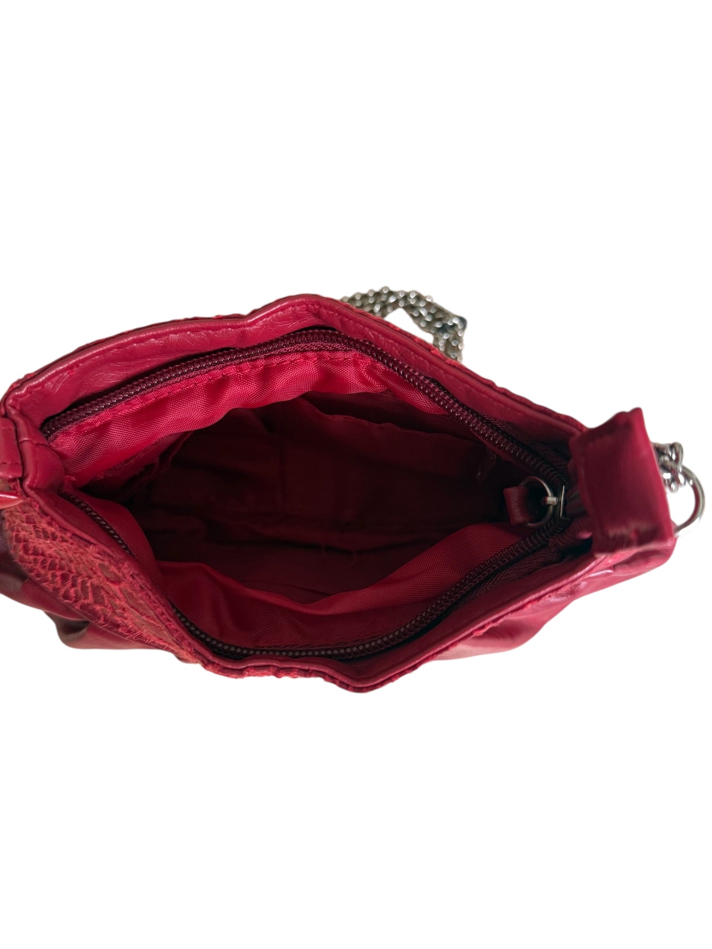 Red Pleated Leather Purse With Silver Chain & Snakeskin Detail