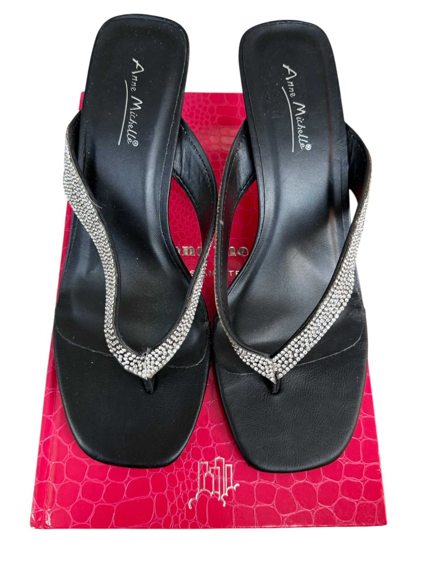 Anne Michelle Black Thong Kitten Heels With Rhinestones