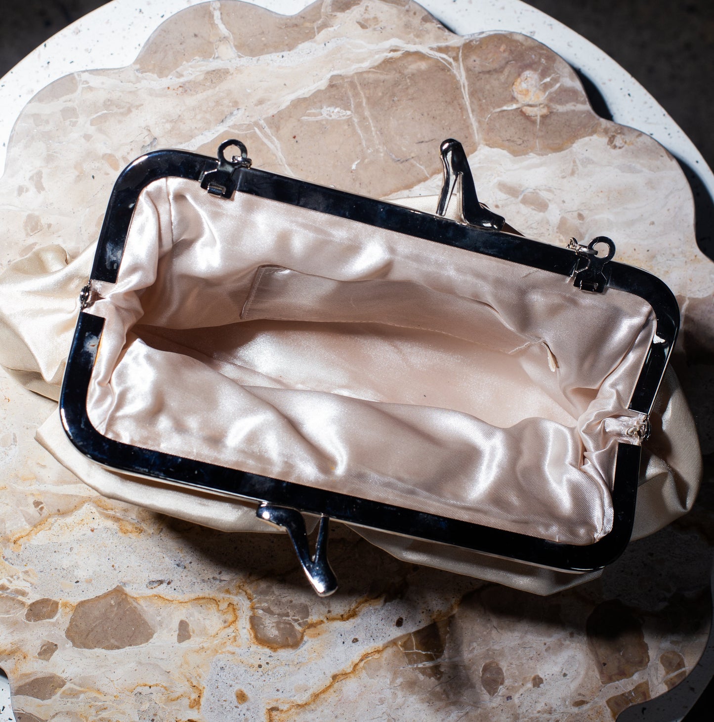 Champagne Satin Evening Bag With Silver Detailing