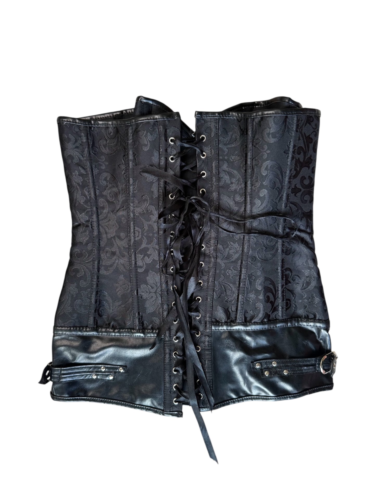 Black Corset Top With Leather Trim And Silver Hardware