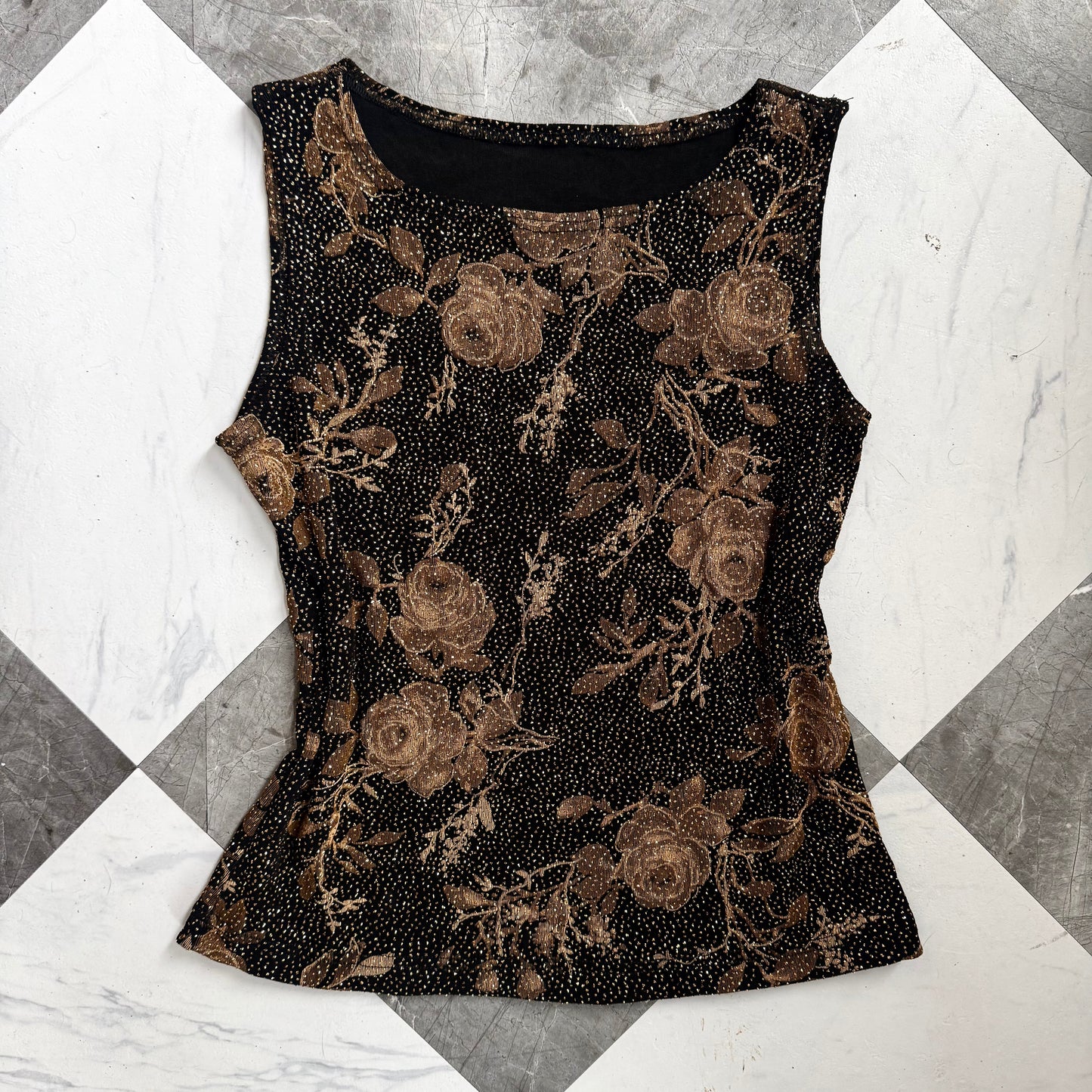 Black & Gold Floral Rhinestone Burnout Top (M)