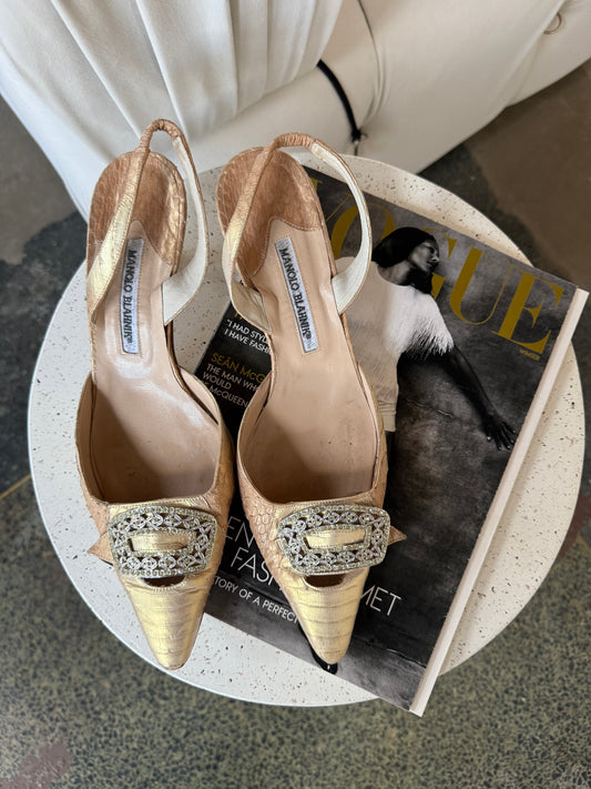 Gold Manolo Blahnik Alligator Kitten Heels