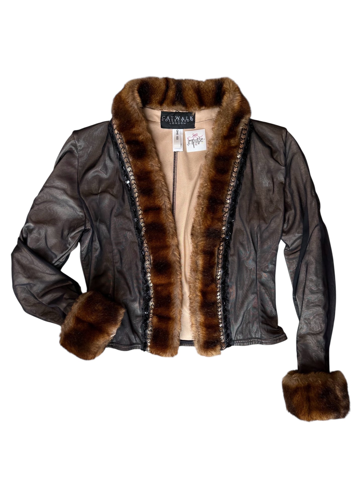 Catwalk Collection Faux Fur Trim Jacket With Sequins