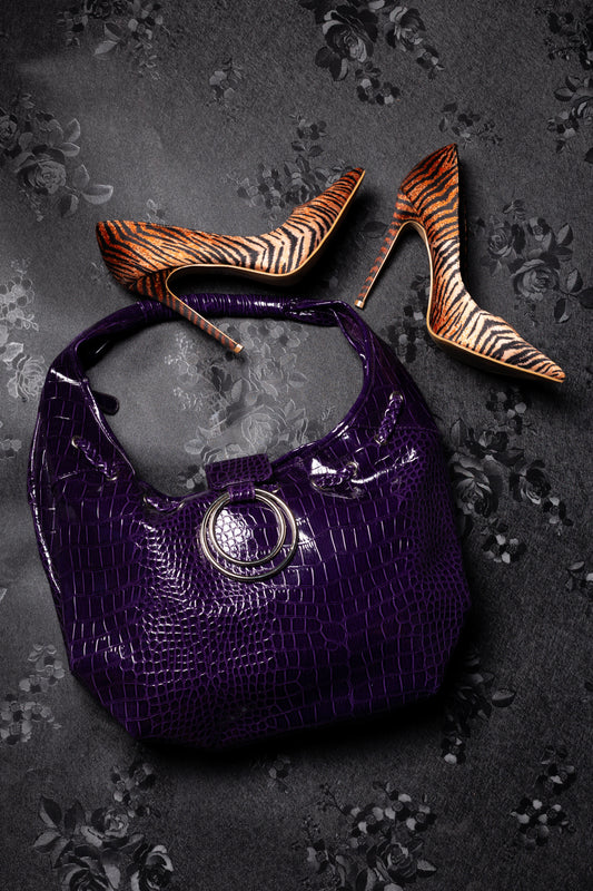 Purple Crocodile Patent Croissant Bag With Silver Hardware