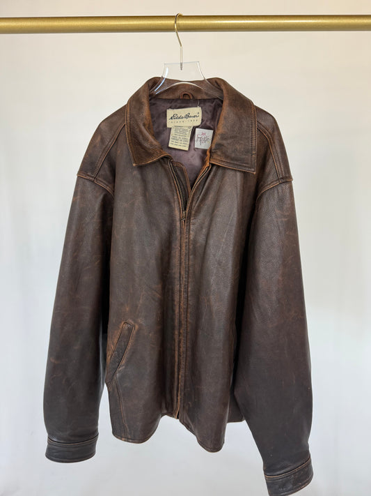 Eddie Bauer Brown Distressed Oversized Leather Jacket