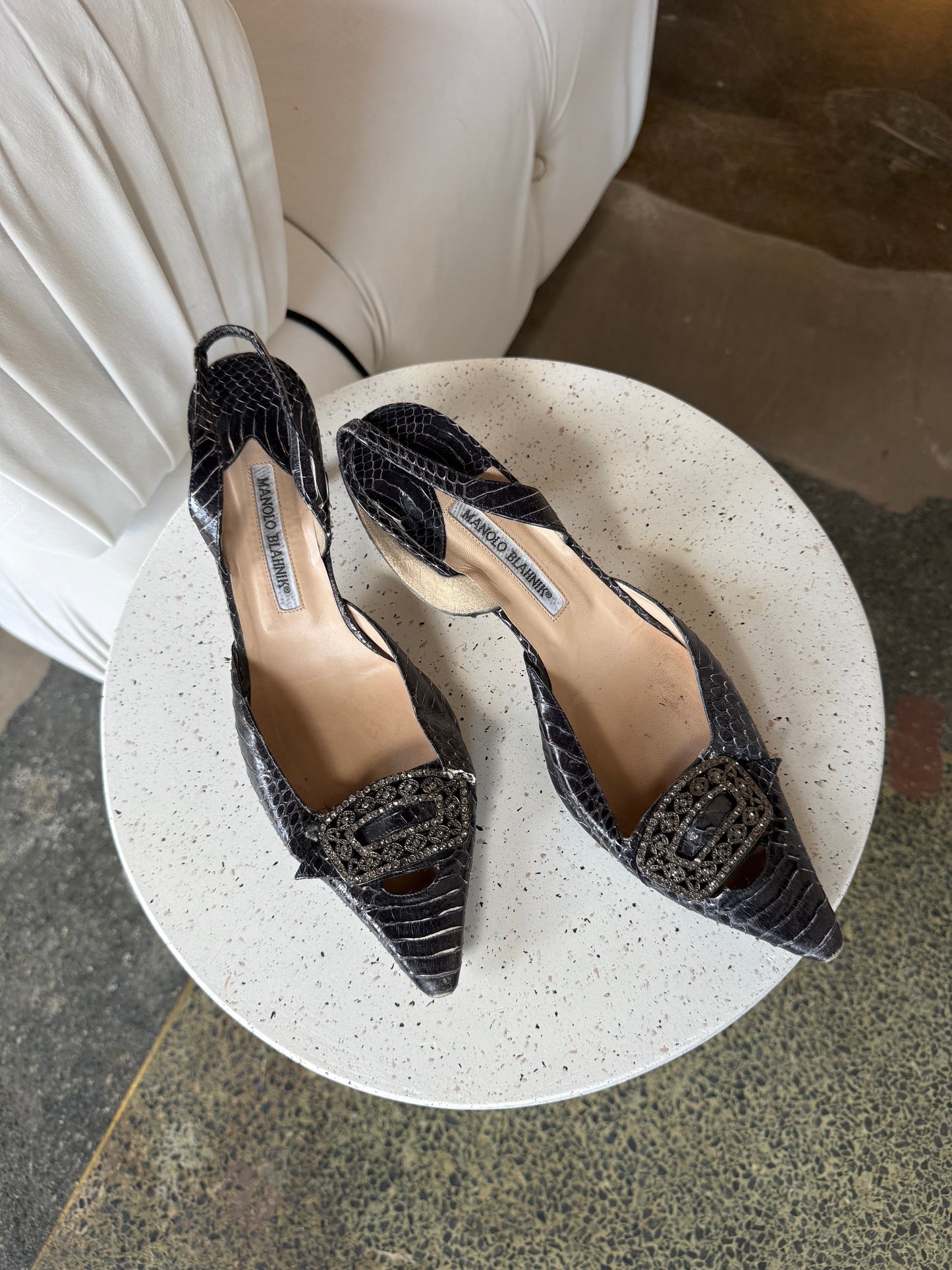 Manolo Blahnik Gunmetal Black Alligator Kitten Heels