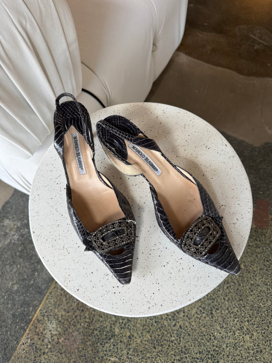 Manolo Blahnik Gunmetal Black Alligator Kitten Heels