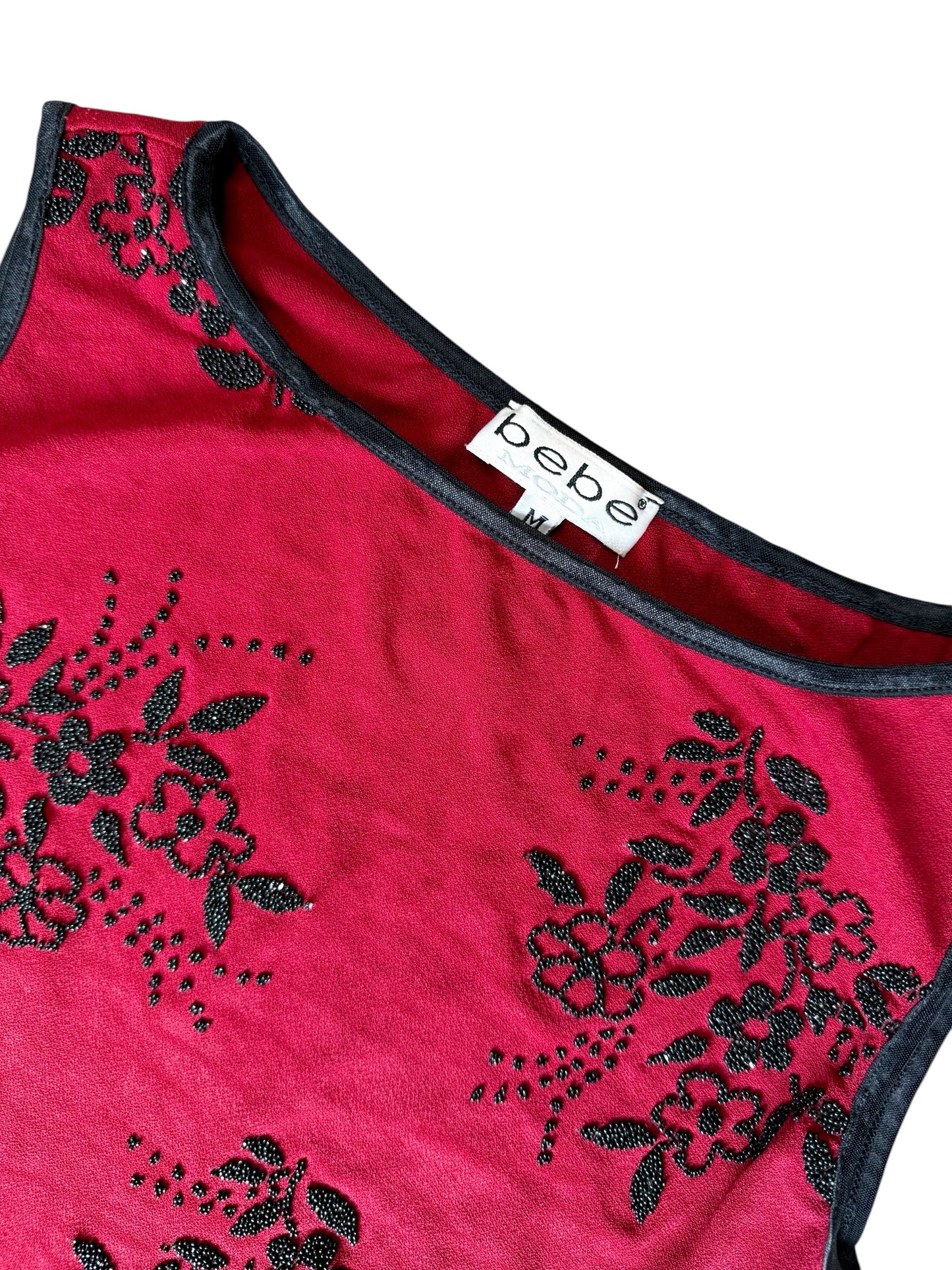 Bebe Red & Black Beaded Floral Tank