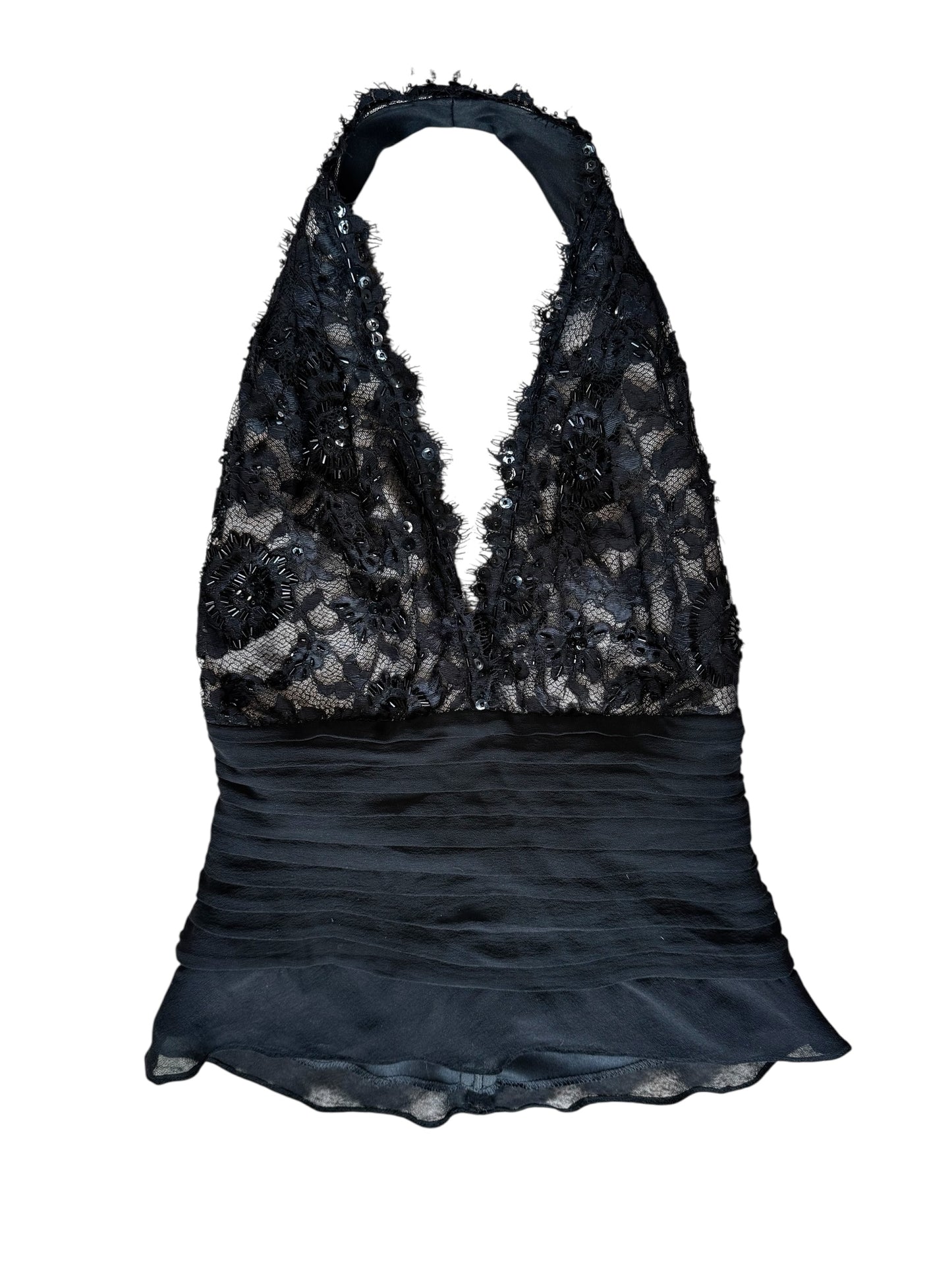 Tadashi Black Beaded & Lace Halter