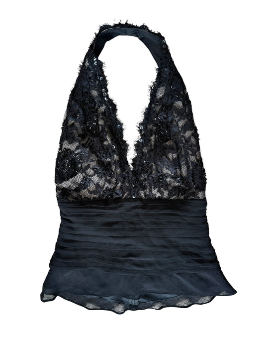 Tadashi Black Beaded & Lace Halter