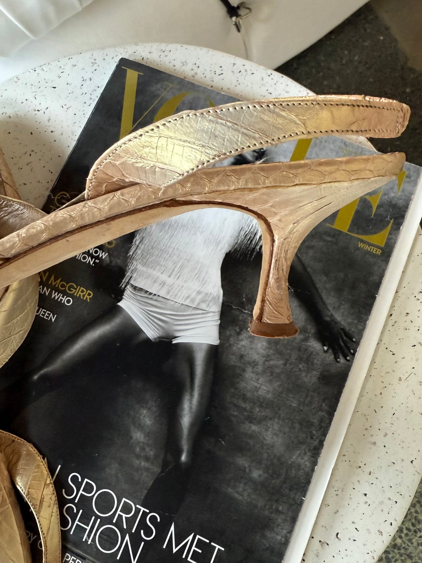 Gold Manolo Blahnik Alligator Kitten Heels