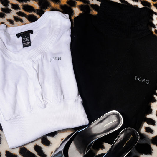 BCBG Short Sleeve Sweater With Rhinestone Logo (S)