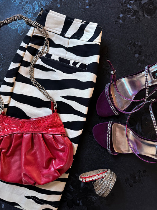 Red Pleated Leather Purse With Silver Chain & Snakeskin Detail