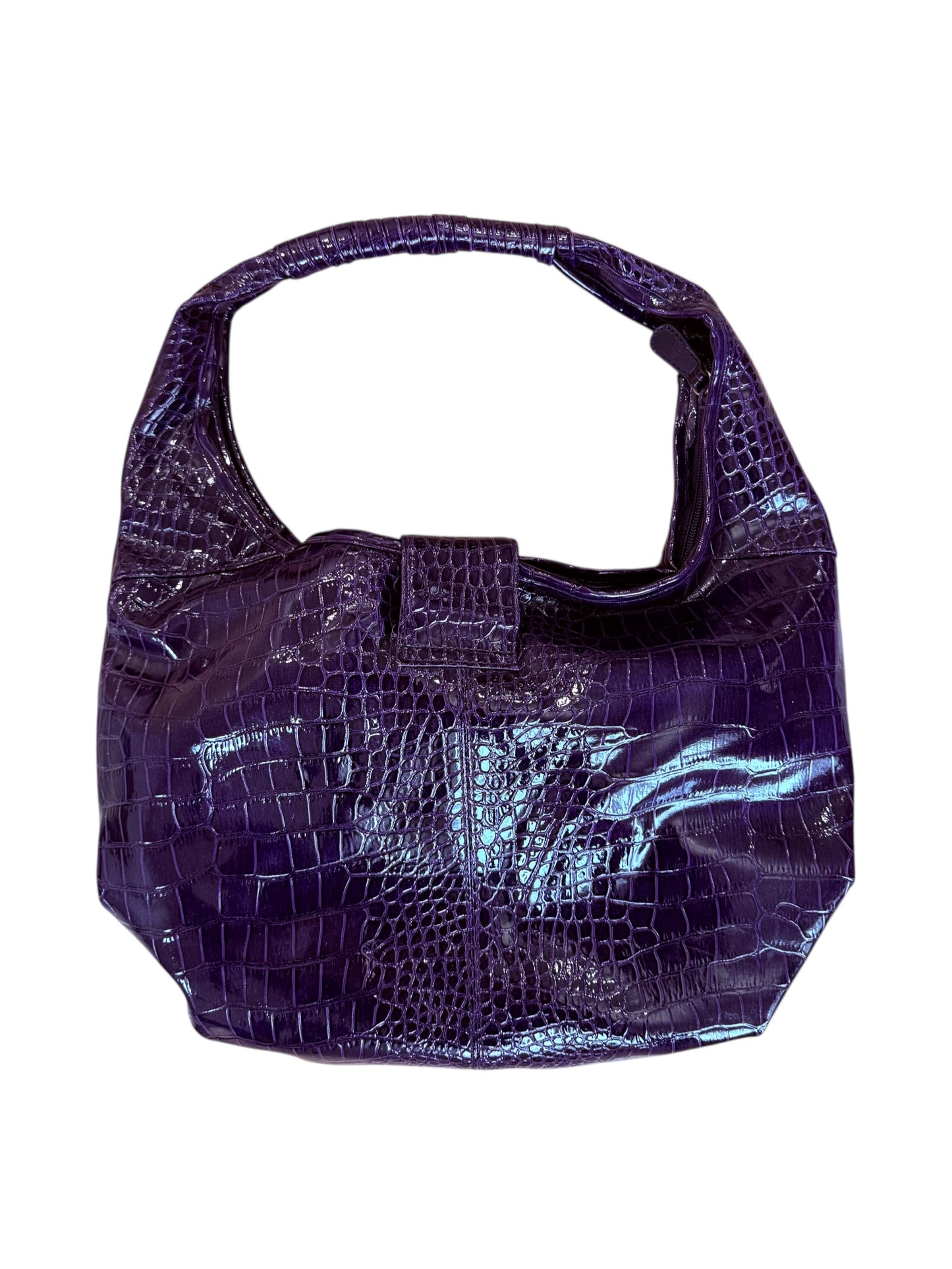 Purple Crocodile Patent Croissant Bag With Silver Hardware