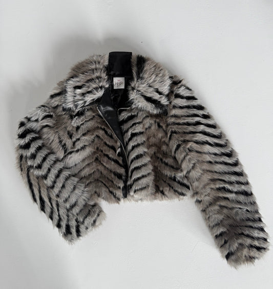 Black & Grey Faux Fur Cropped Zipped Jacket