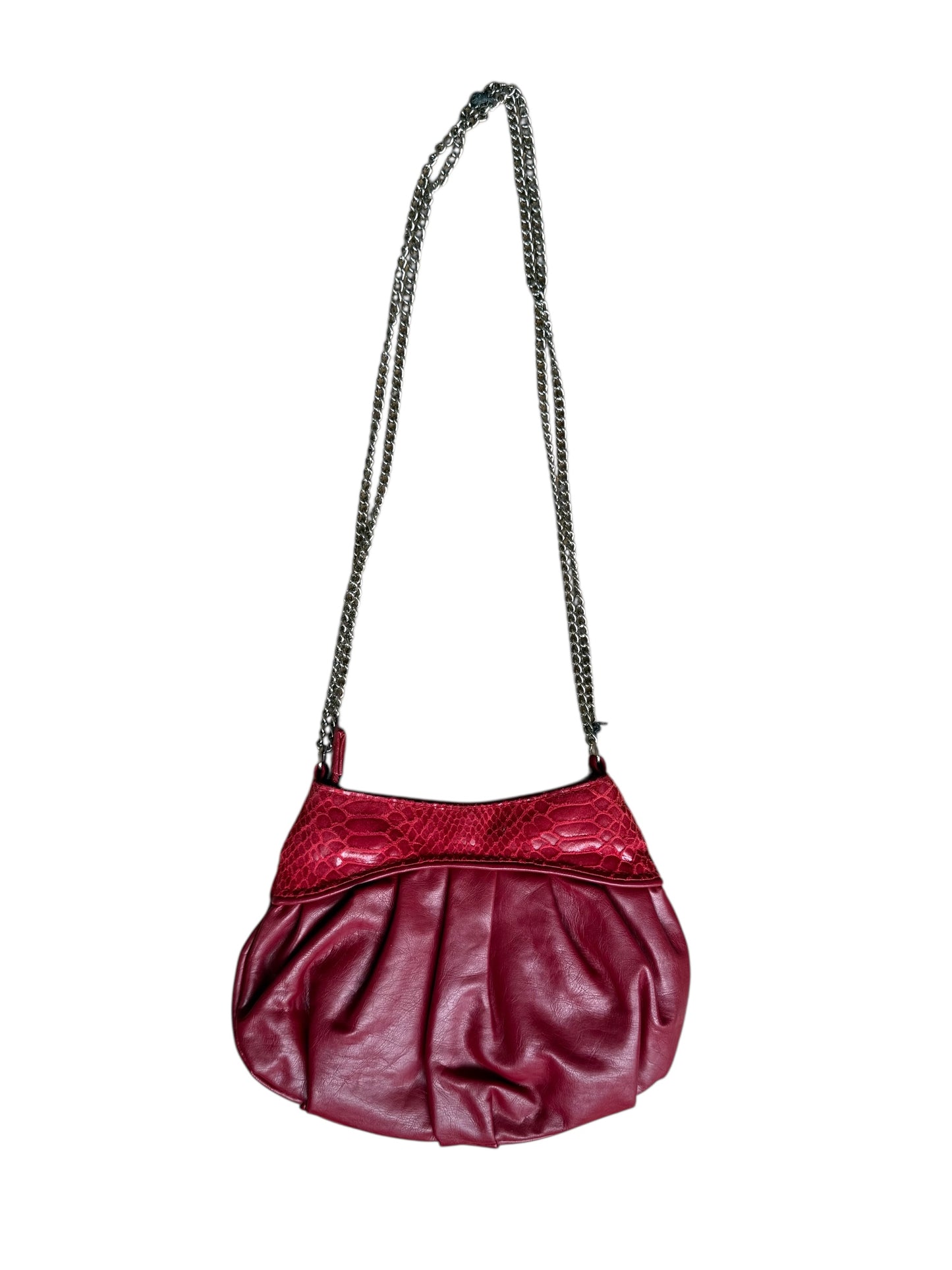 Red Pleated Leather Purse With Silver Chain & Snakeskin Detail