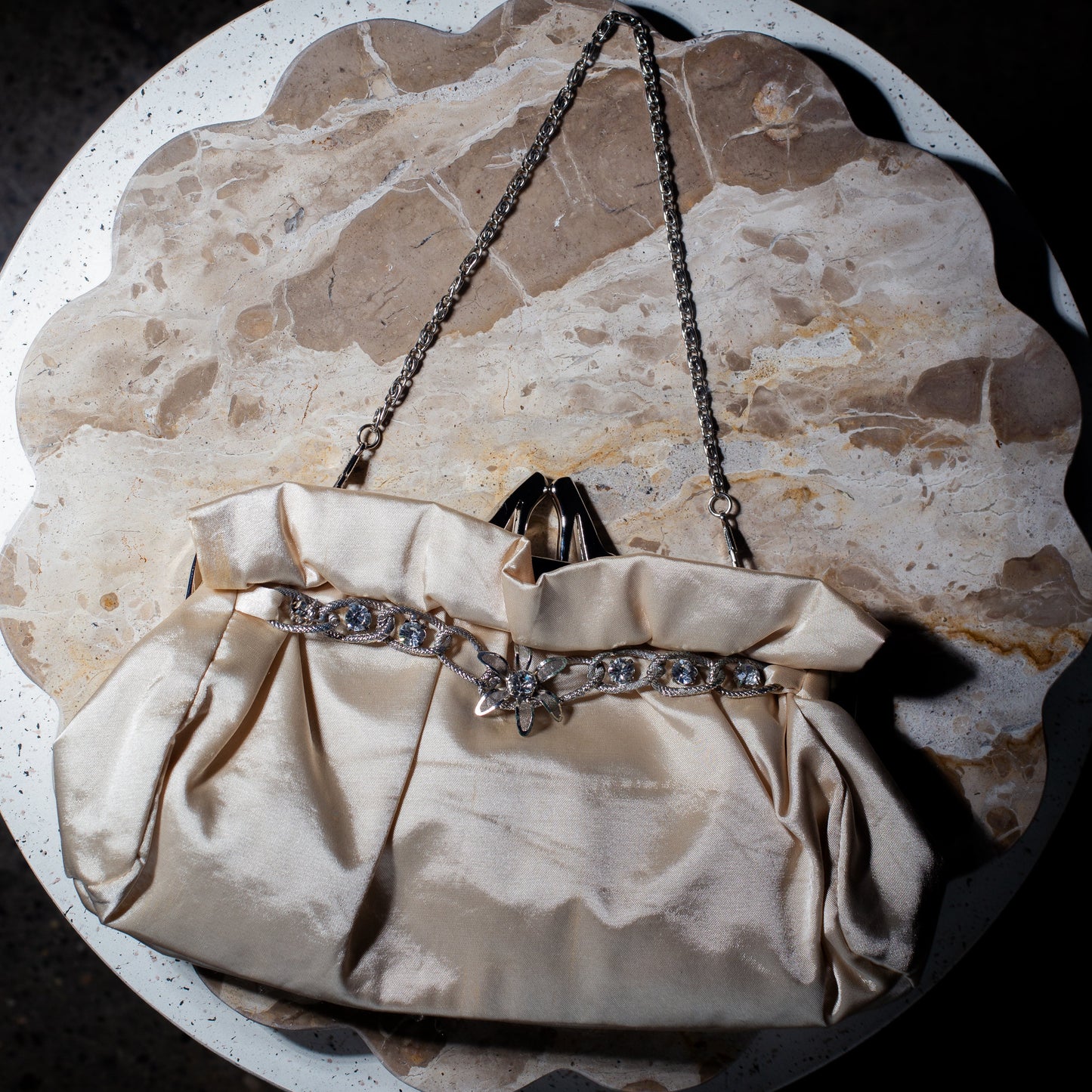 Champagne Satin Evening Bag With Silver Detailing