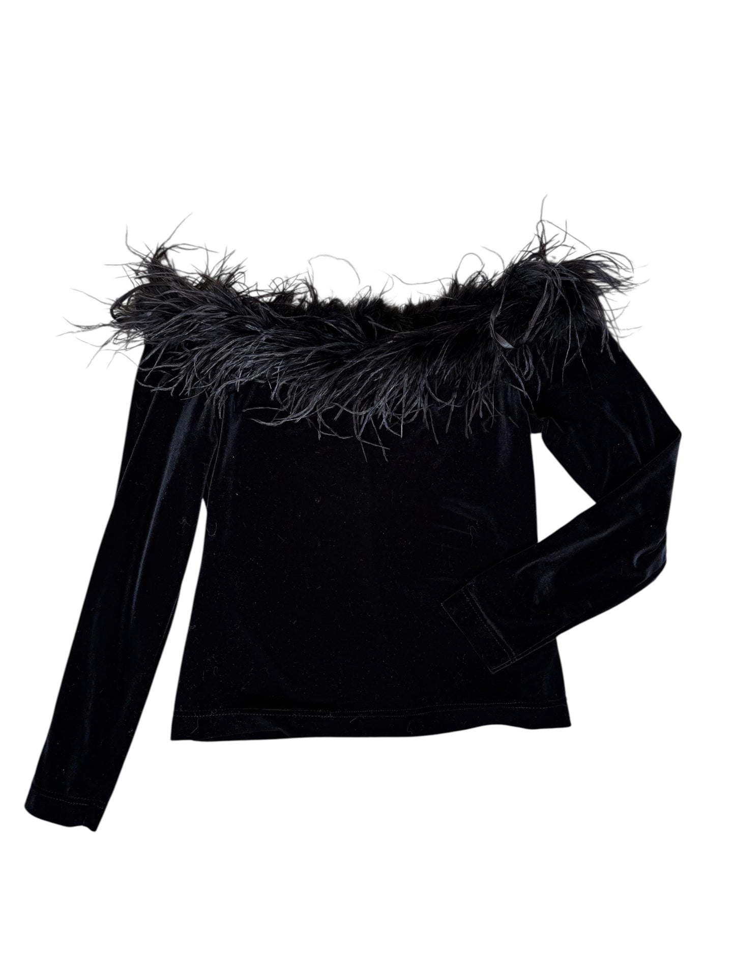 Jackie Jon Velour Off Shoulder Top With Feather Trim
