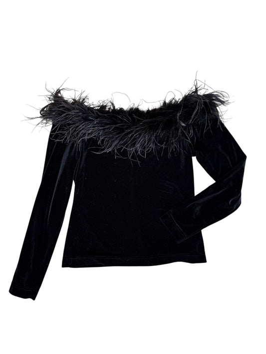 Jackie Jon Velour Off Shoulder Top With Feather Trim
