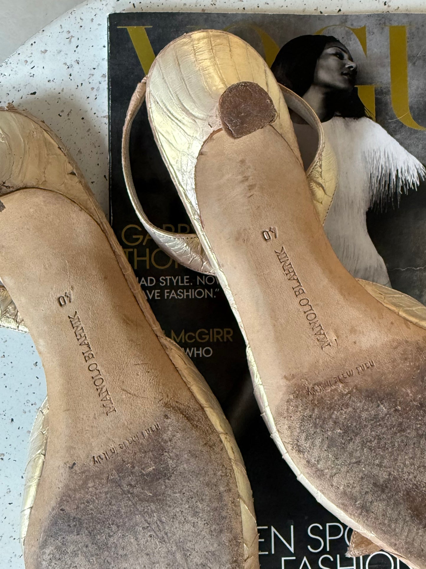 Gold Manolo Blahnik Alligator Kitten Heels