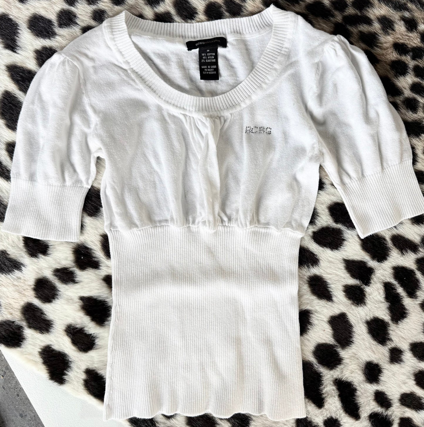 BCBG Short Sleeve Sweater With Rhinestone Logo (S)