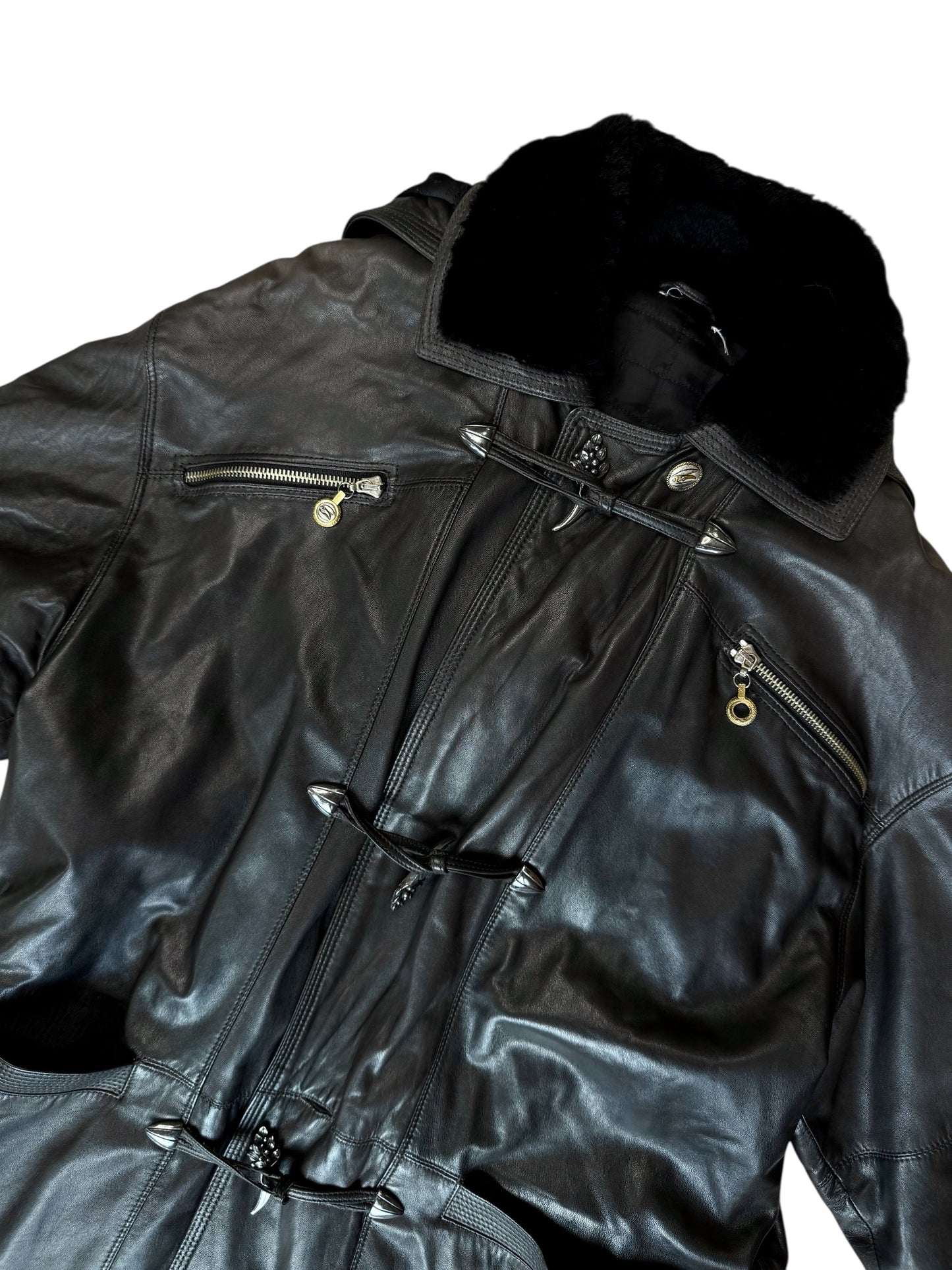 Versace Leather Coat With Fur Hood