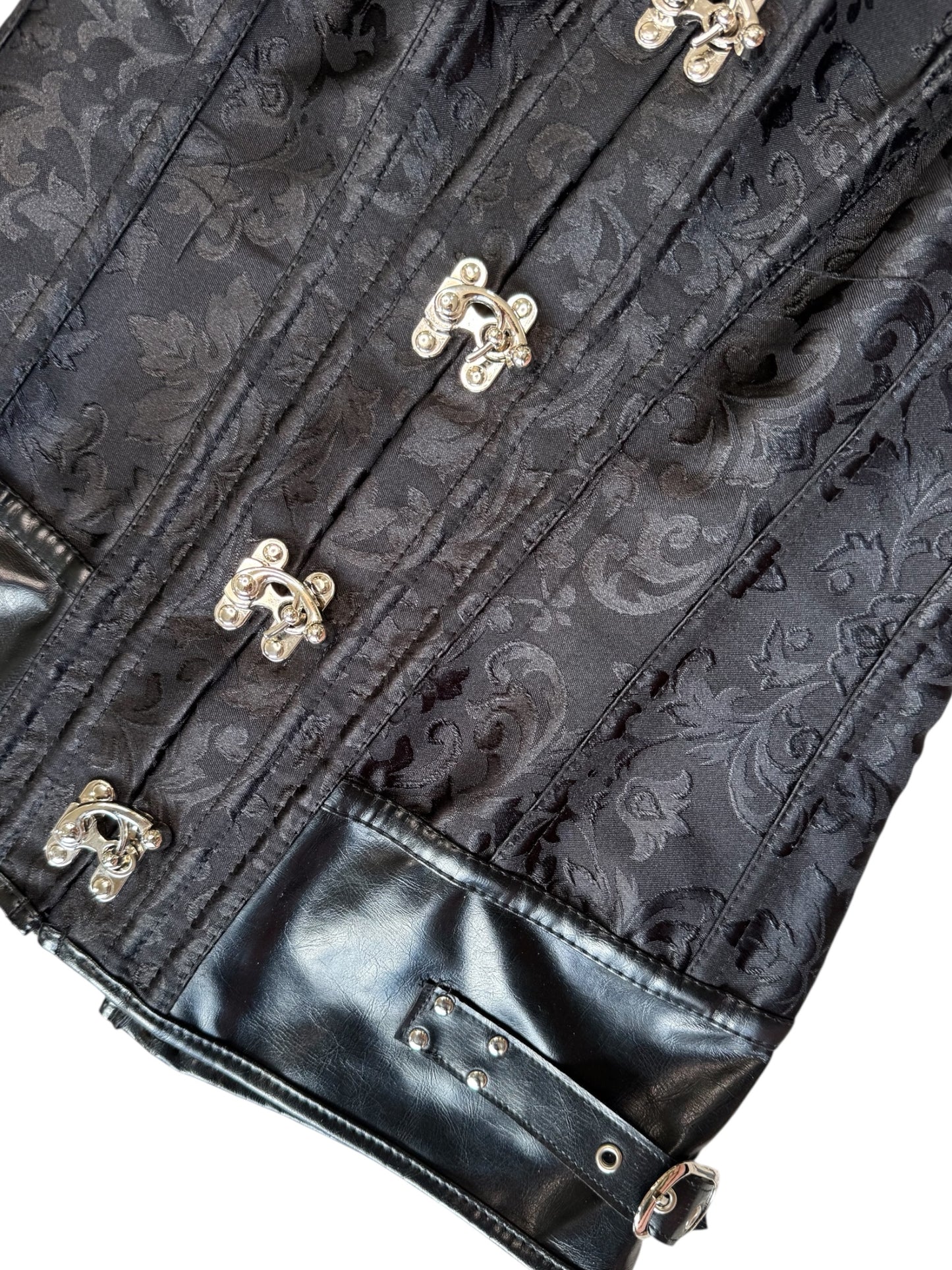 Black Corset Top With Leather Trim And Silver Hardware