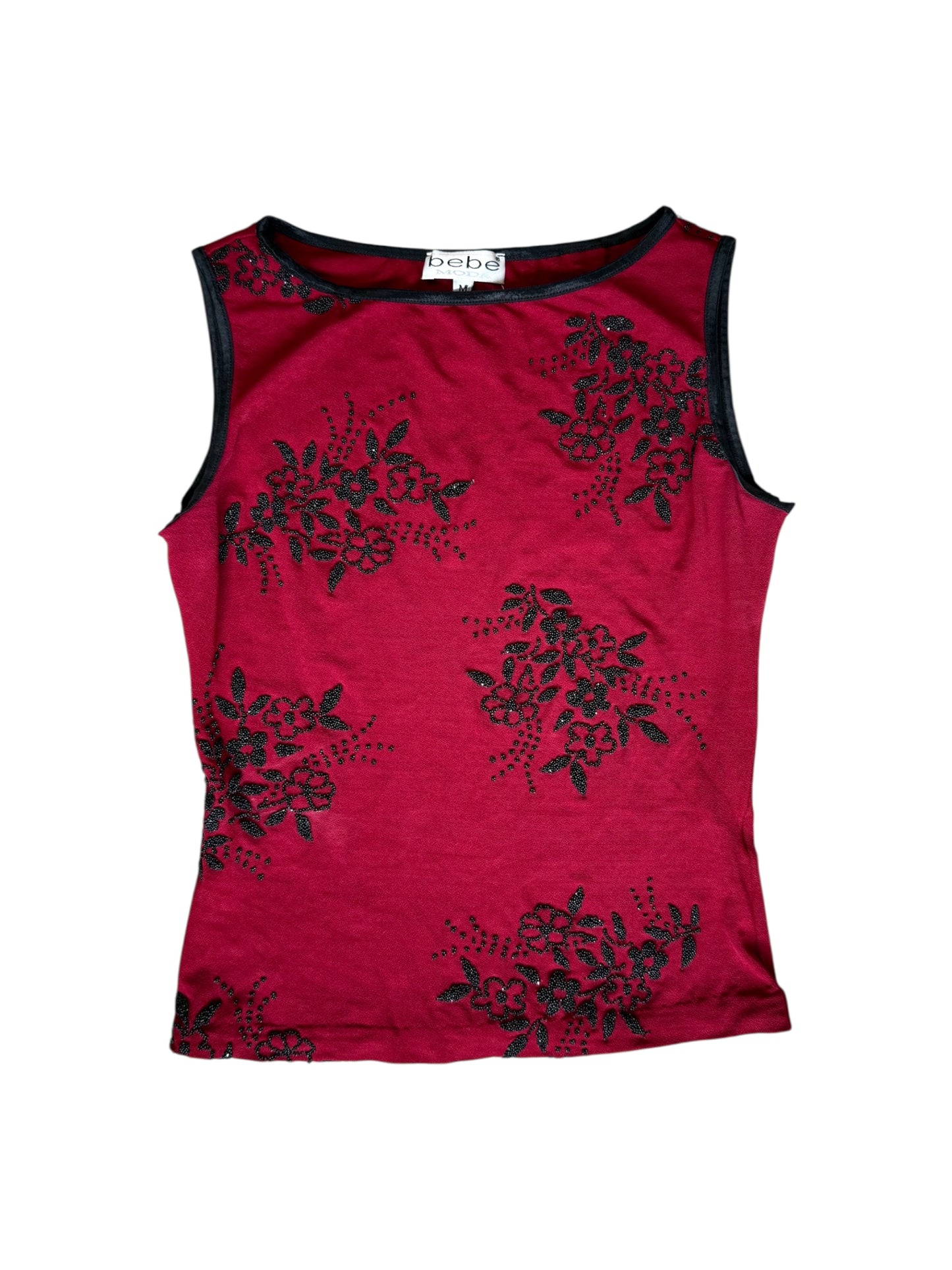 Bebe Red & Black Beaded Floral Tank