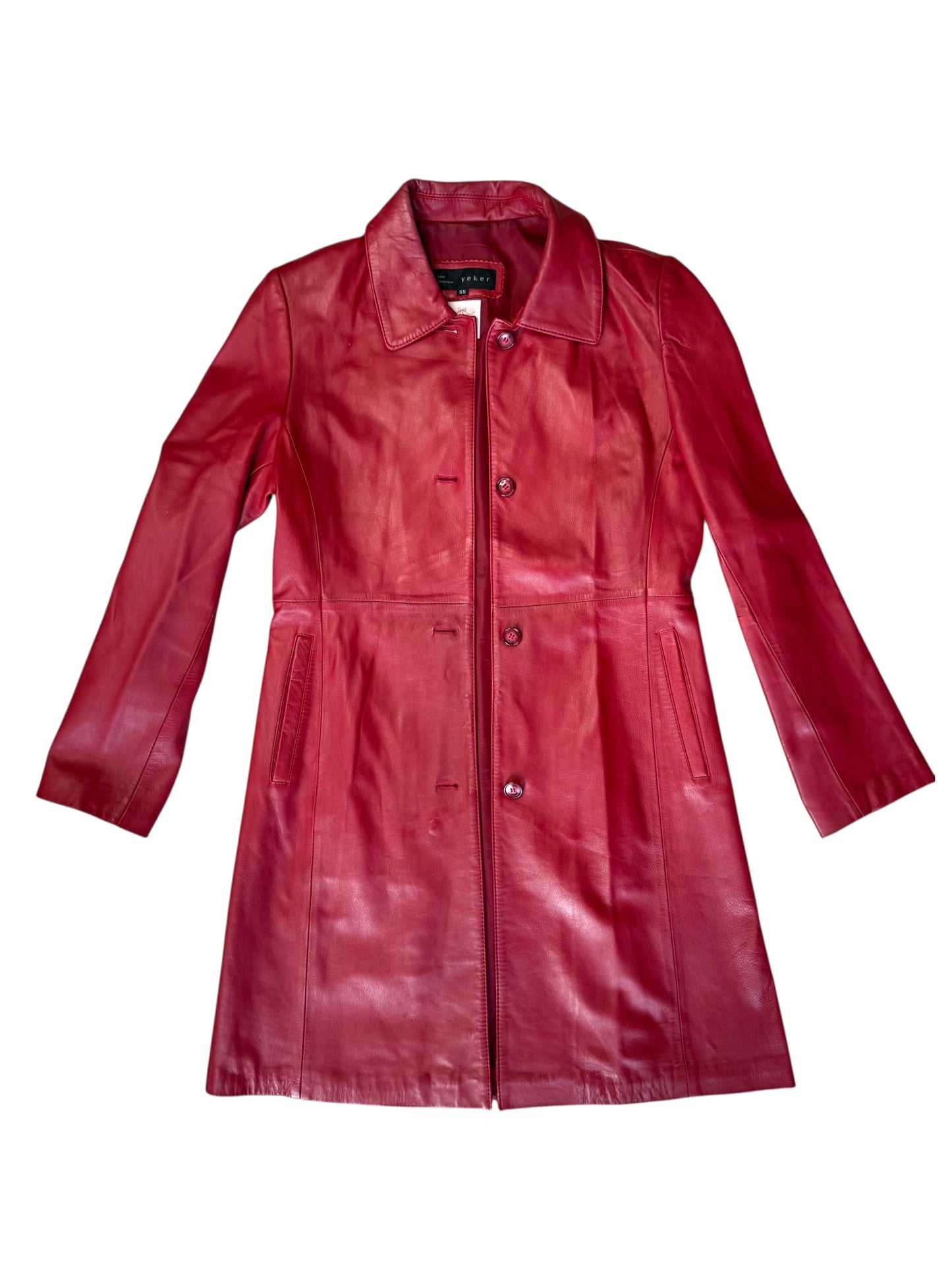 Red Leather Midi Blazer Coat
