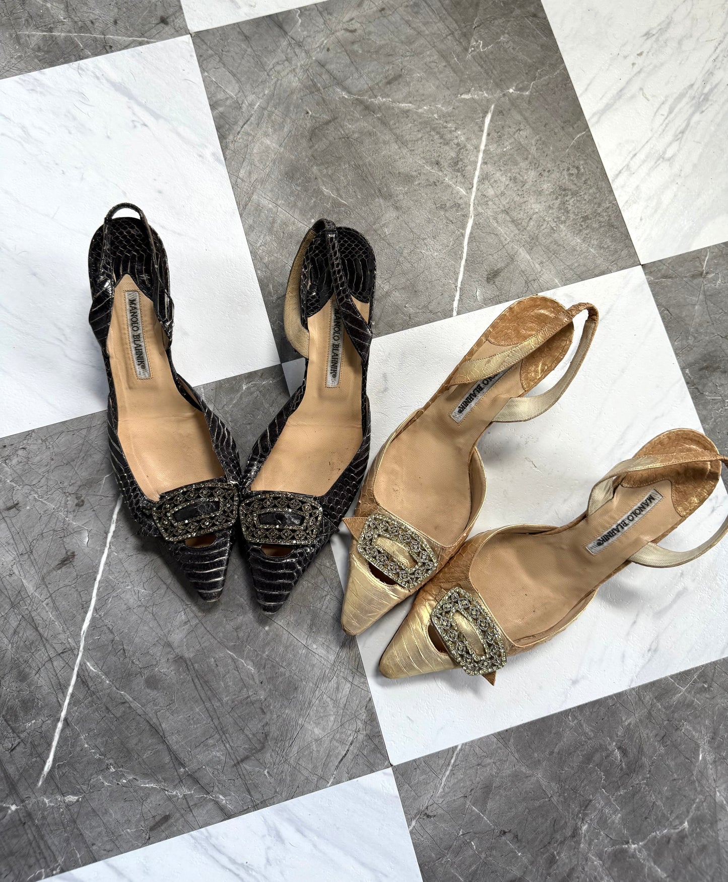 Gold Manolo Blahnik Alligator Kitten Heels