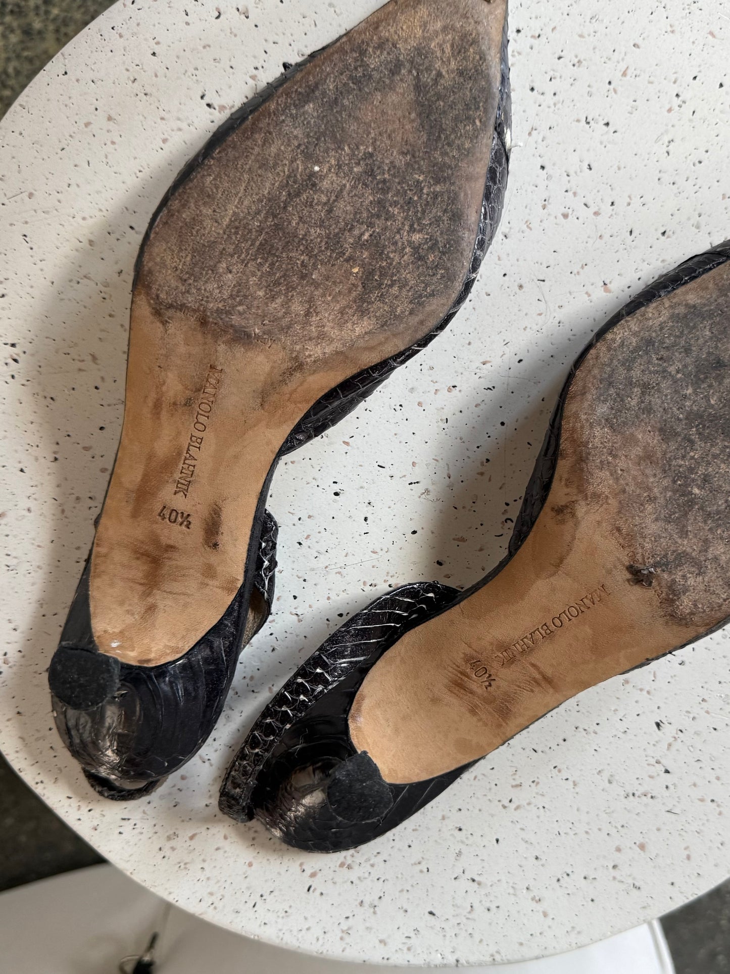 Manolo Blahnik Gunmetal Black Alligator Kitten Heels