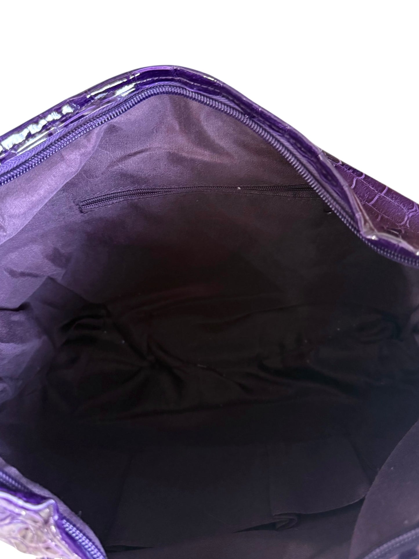 Purple Crocodile Patent Croissant Bag With Silver Hardware